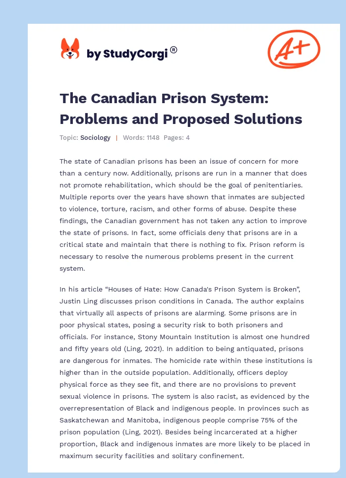 The Canadian Prison System: Problems and Proposed Solutions. Page 1