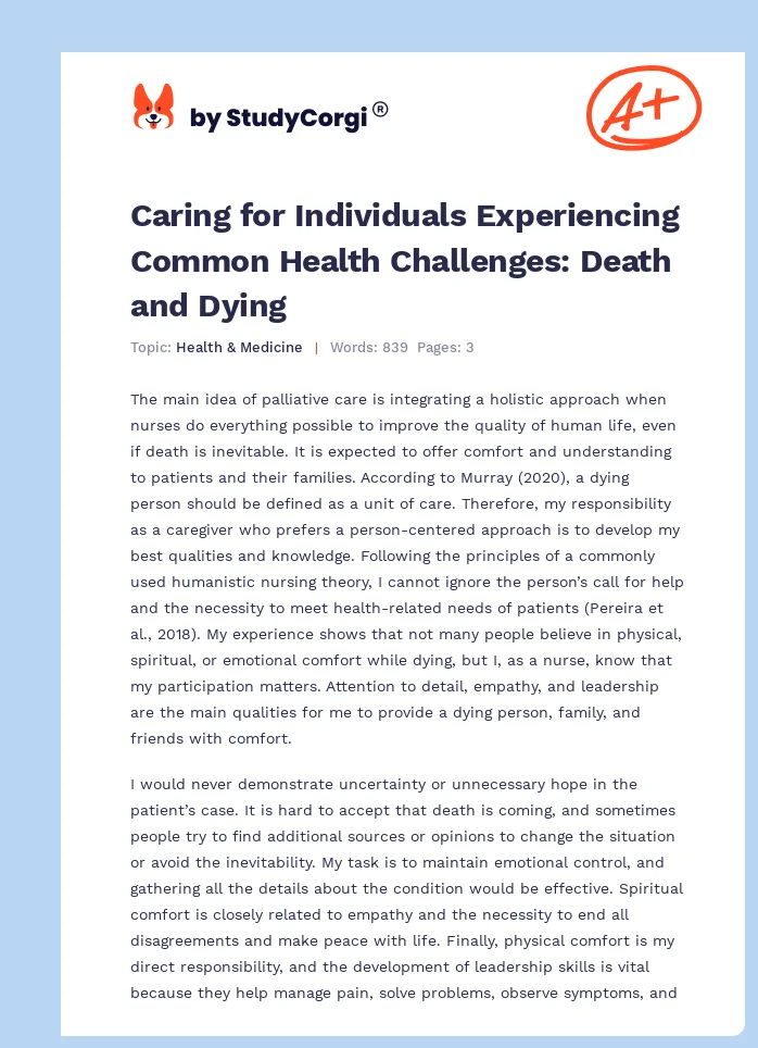 Caring for Individuals Experiencing Common Health Challenges: Death and Dying. Page 1