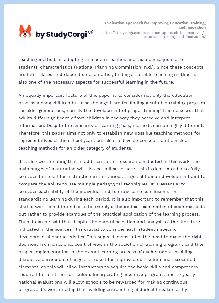 Evaluation Approach for Improving Education, Training, and Innovation. Page 2