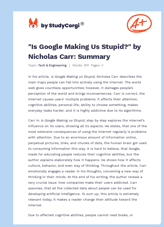 “Is Google Making Us Stupid?” by Nicholas Carr. Page 1