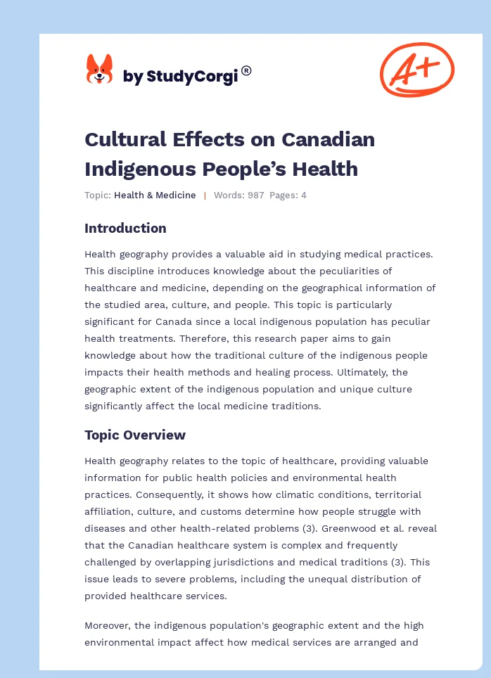 Cultural Effects on Canadian Indigenous People’s Health. Page 1