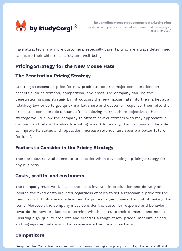 The Canadian Moose Hat Company's Marketing Plan. Page 2
