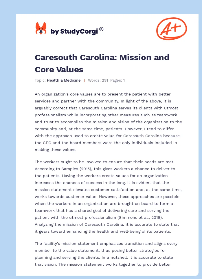 Caresouth Carolina: Mission and Core Values. Page 1