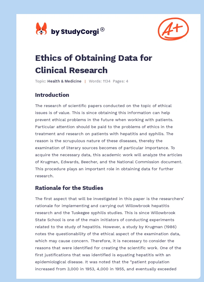 Ethics of Obtaining Data for Clinical Research. Page 1