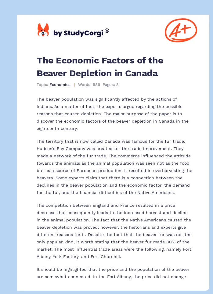 The Economic Factors of the Beaver Depletion in Canada. Page 1