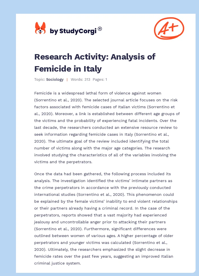 Research Activity: Analysis of Femicide in Italy. Page 1