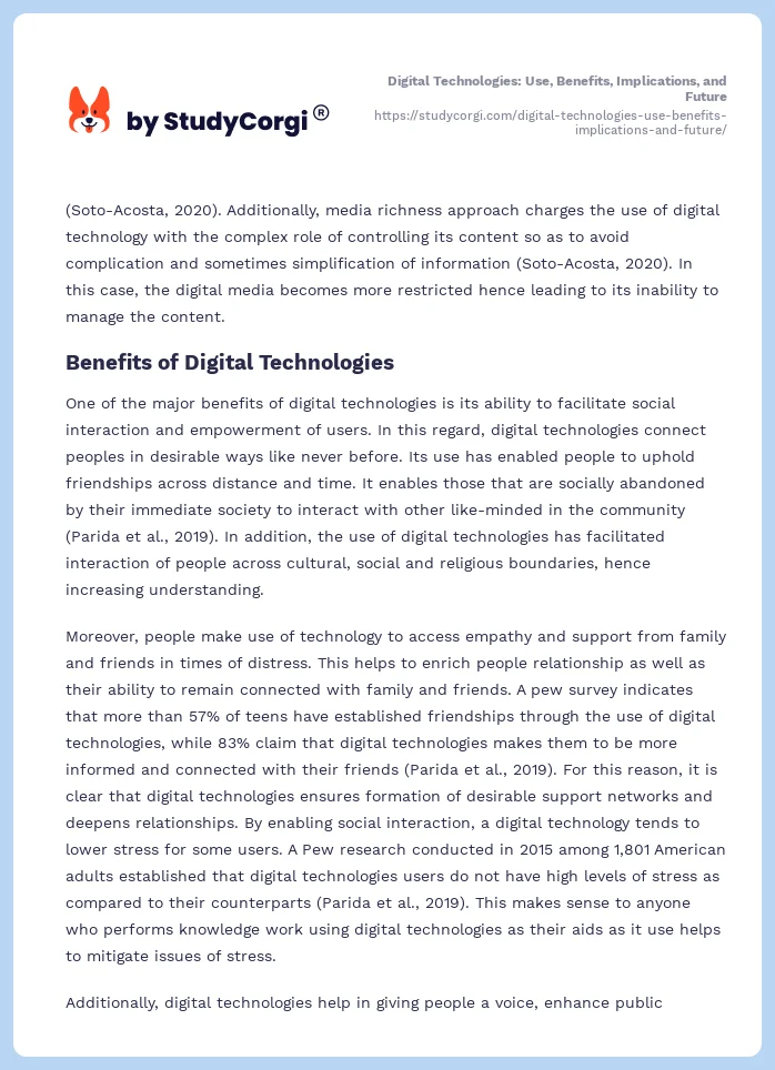 Digital Technologies: Use, Benefits, Implications, and Future. Page 2