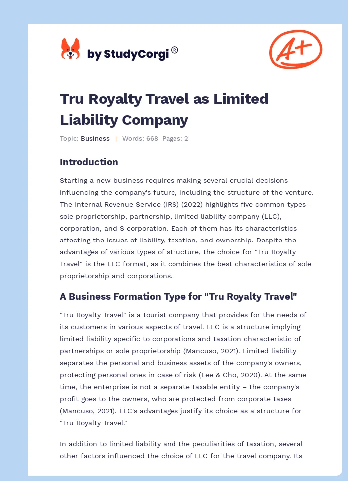 Tru Royalty Travel as Limited Liability Company. Page 1