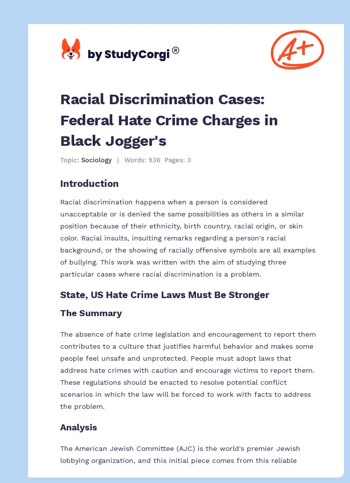 Racial Discrimination Cases: Federal Hate Crime Charges in Black Jogger's. Page 1