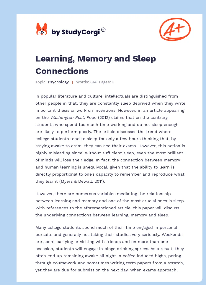 Learning, Memory and Sleep Connections. Page 1