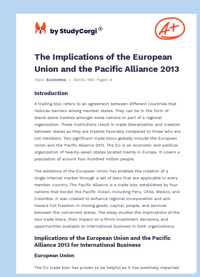 The Implications of the European Union and the Pacific Alliance 2013. Page 1