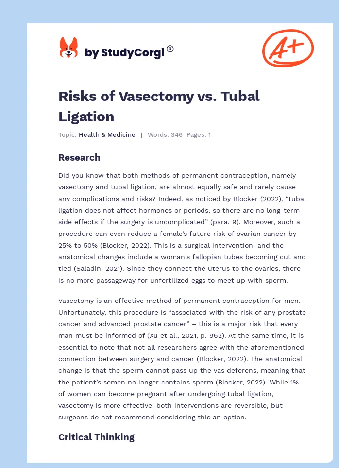 Risks of Vasectomy vs. Tubal Ligation. Page 1
