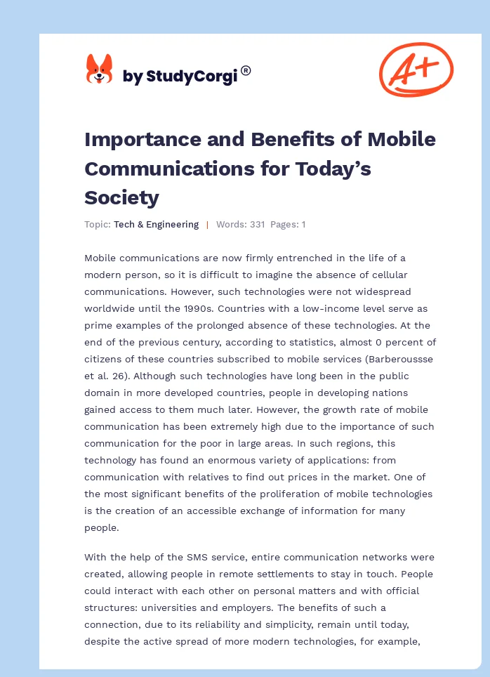 Importance and Benefits of Mobile Communications for Today’s Society. Page 1