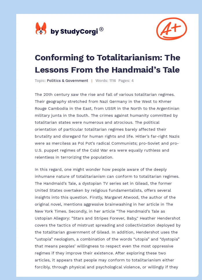Conforming to Totalitarianism: The Lessons From the Handmaid’s Tale. Page 1