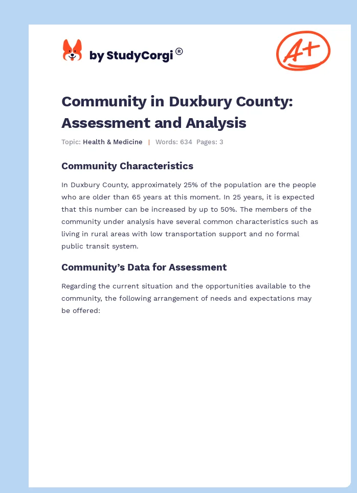 Community in Duxbury County: Assessment and Analysis. Page 1