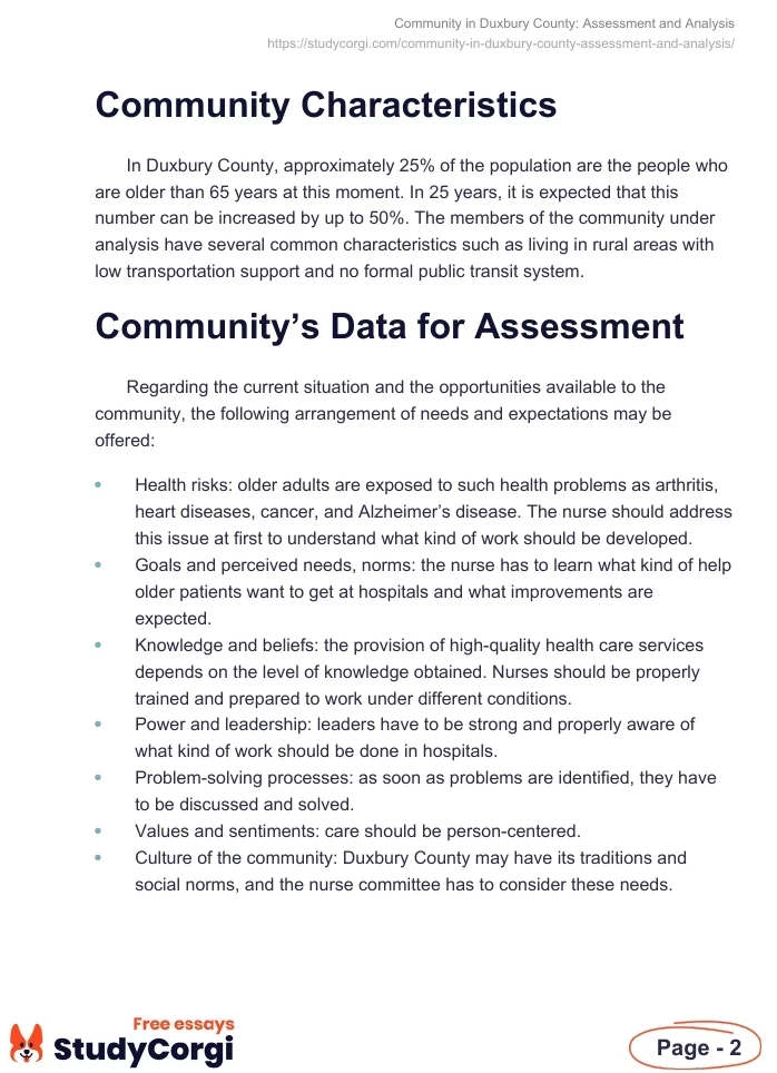 Community in Duxbury County: Assessment and Analysis. Page 2
