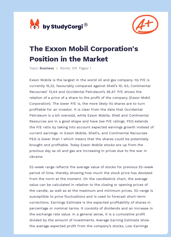 The Exxon Mobil Corporation's Position in the Market. Page 1