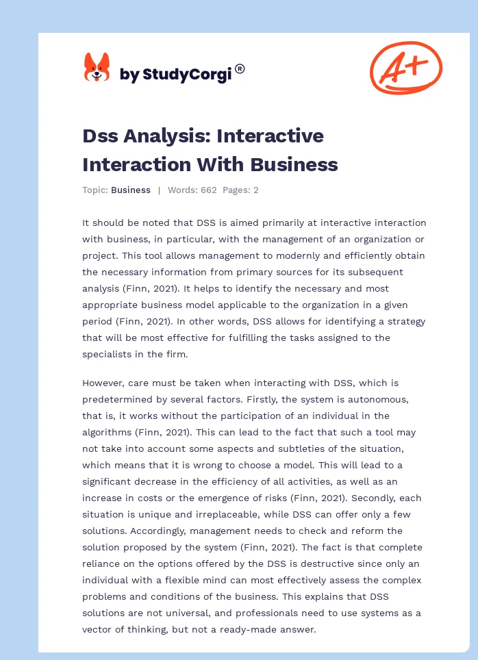 Dss Analysis: Interactive Interaction With Business. Page 1