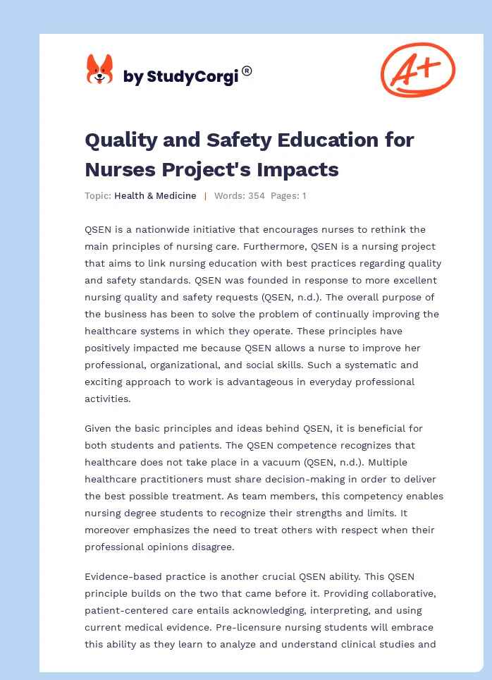 Quality and Safety Education for Nurses Project's Impacts. Page 1