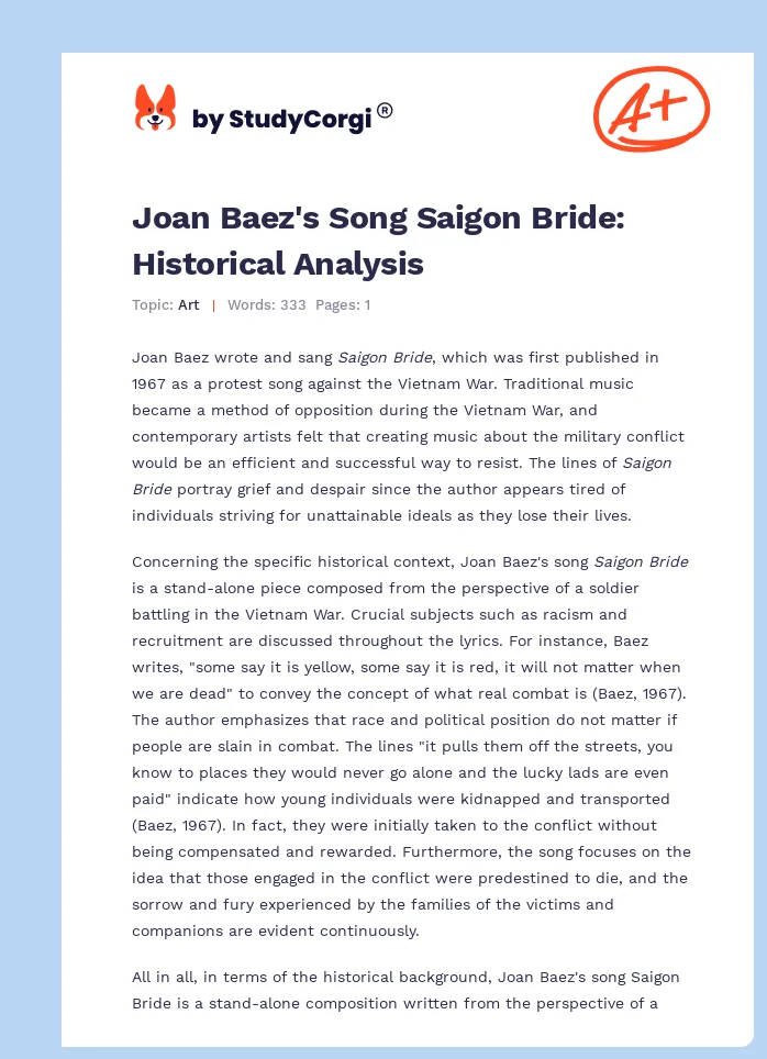 Joan Baez's Song Saigon Bride: Historical Analysis. Page 1