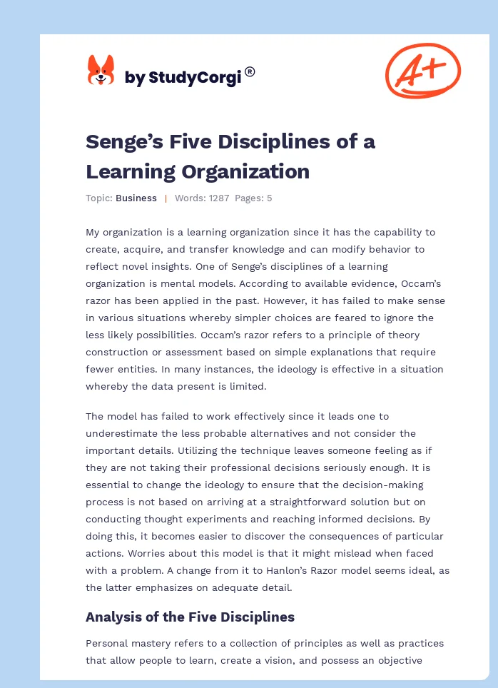 Senge’s Five Disciplines of a Learning Organization. Page 1