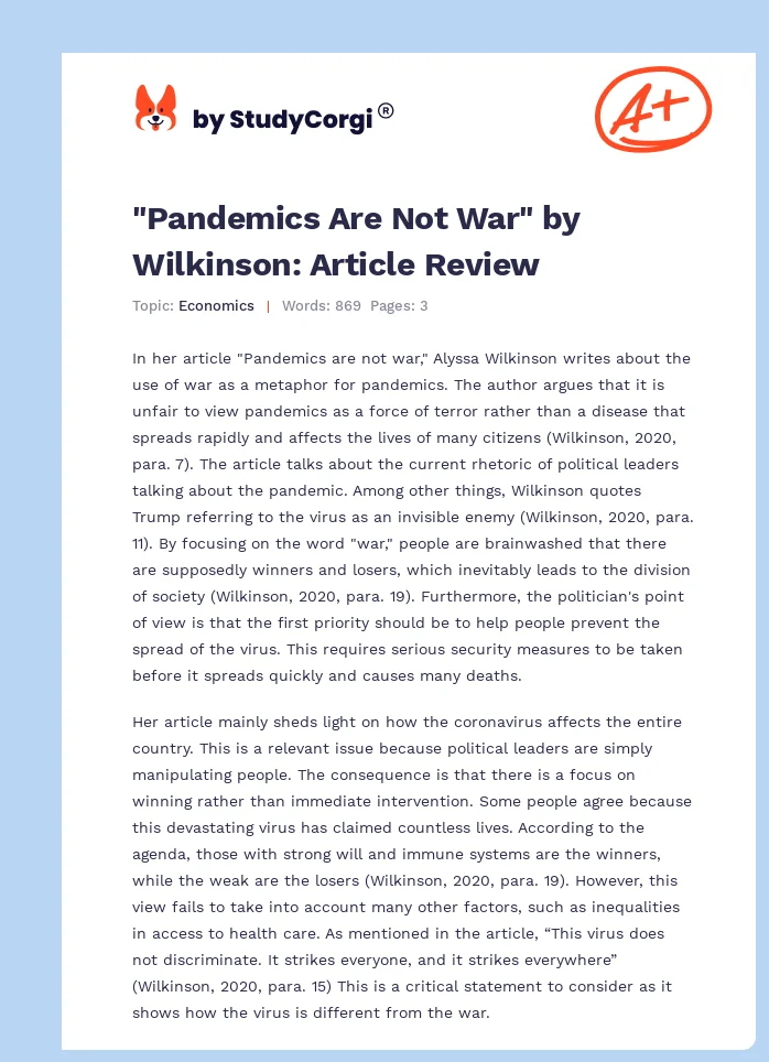 "Pandemics Are Not War" by Wilkinson: Article Review. Page 1
