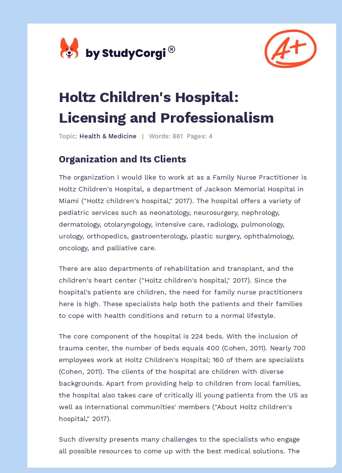Holtz Children's Hospital: Licensing and Professionalism. Page 1