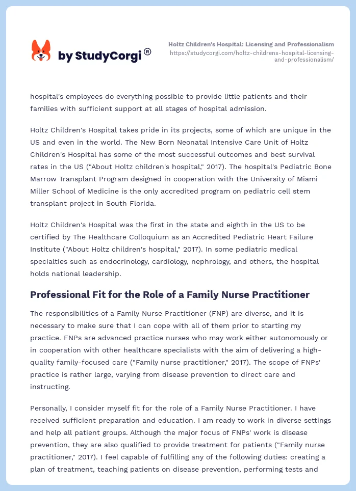Holtz Children's Hospital: Licensing and Professionalism. Page 2