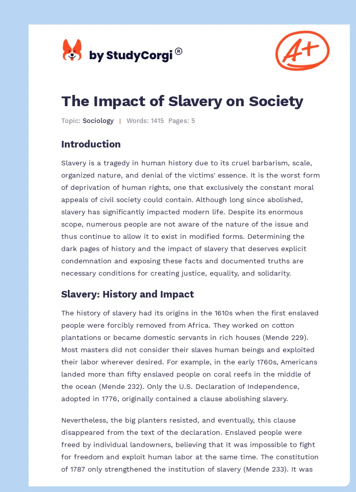 The Impact of Slavery on Society. Page 1