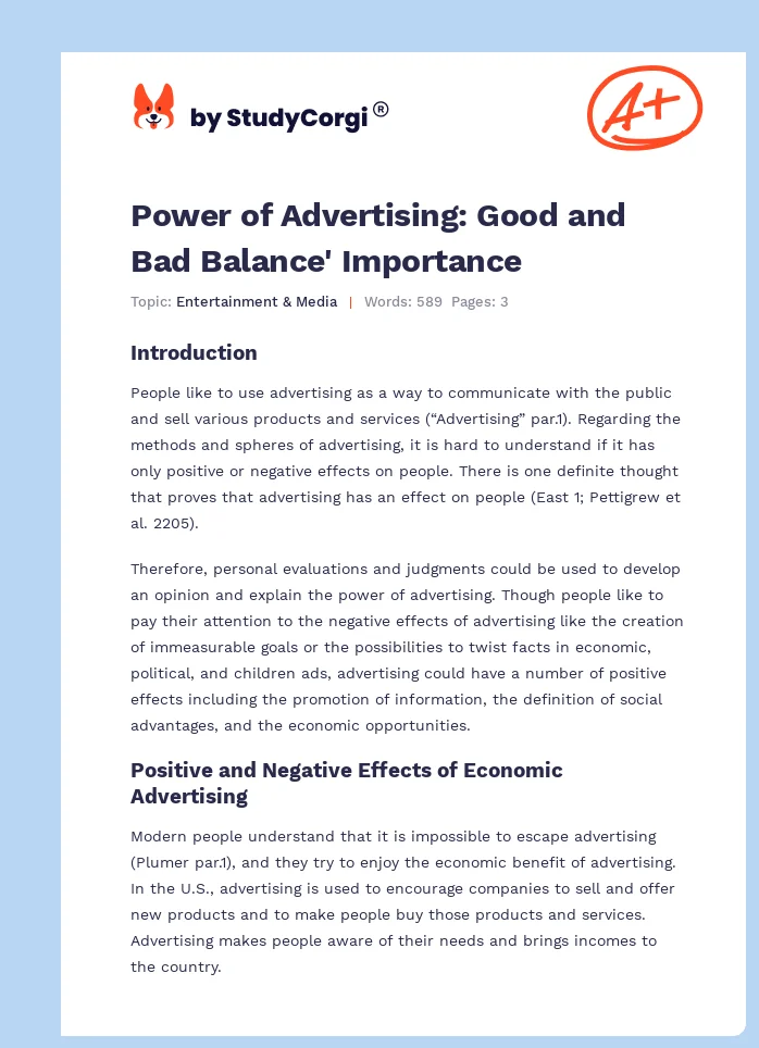 Power of Advertising: Good and Bad Balance' Importance. Page 1