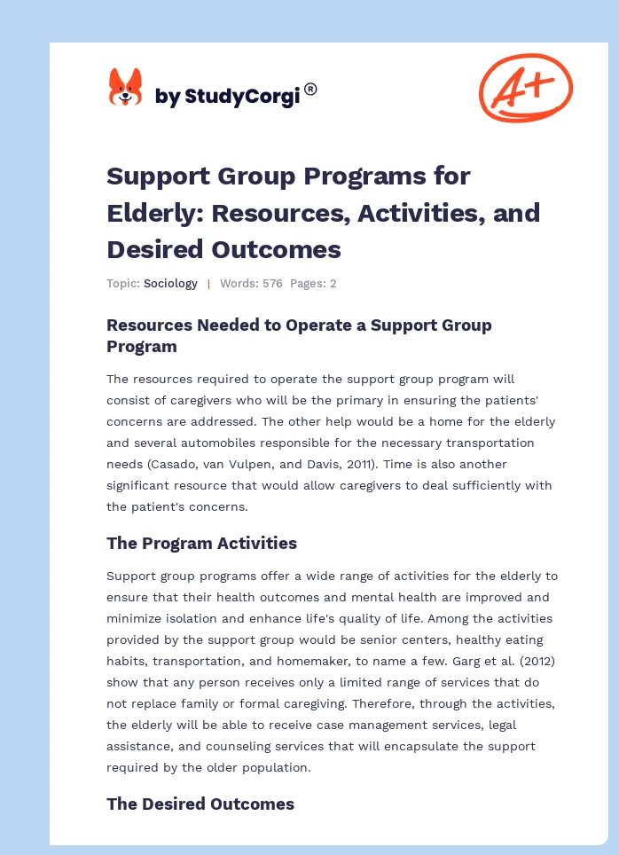 Support Group Programs for Elderly: Resources, Activities, and Desired Outcomes. Page 1