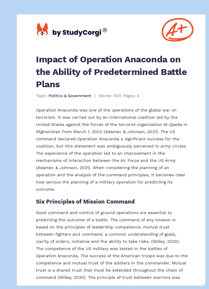 Impact of Operation Anaconda on the Ability of Predetermined Battle Plans. Page 1