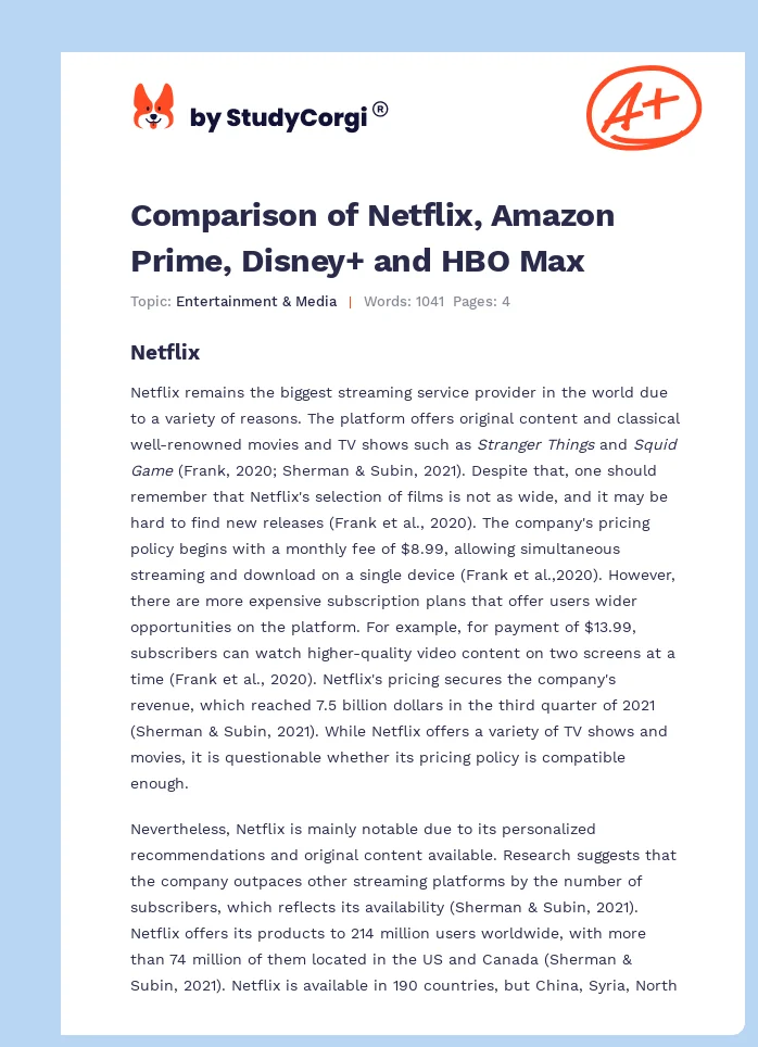 Comparison of Netflix, Amazon Prime, Disney+ and HBO Max. Page 1