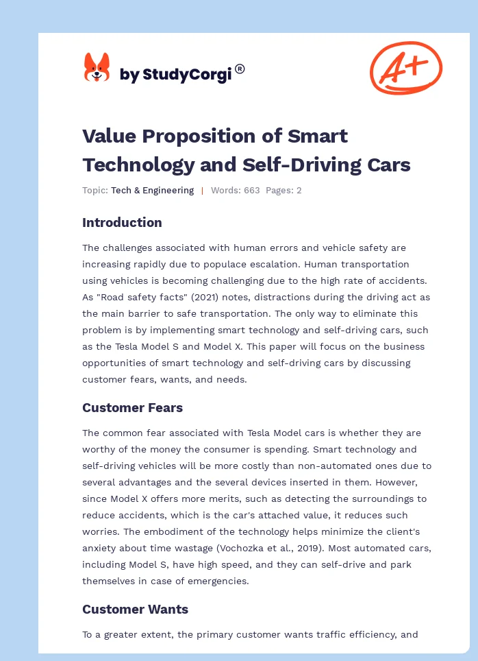 Value Proposition of Smart Technology and Self-Driving Cars. Page 1