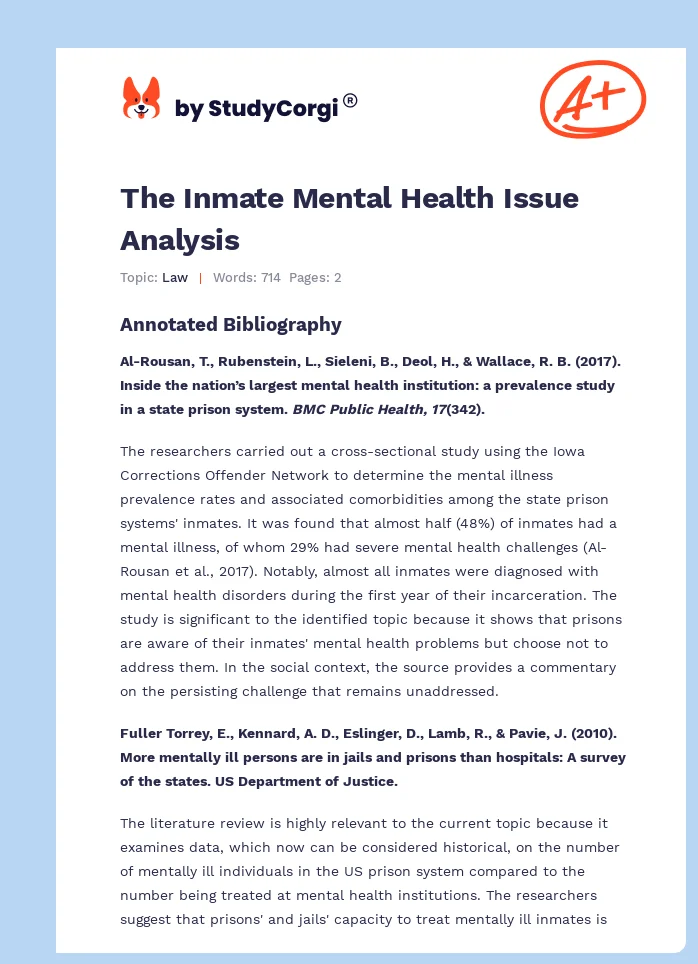 The Inmate Mental Health Issue Analysis. Page 1