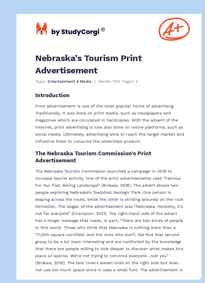 Nebraska’s Tourism Print Advertisement. Page 1