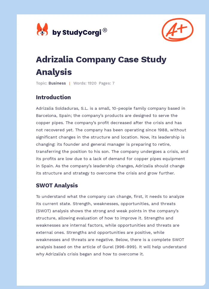 Adrizalia Company Case Study Analysis. Page 1