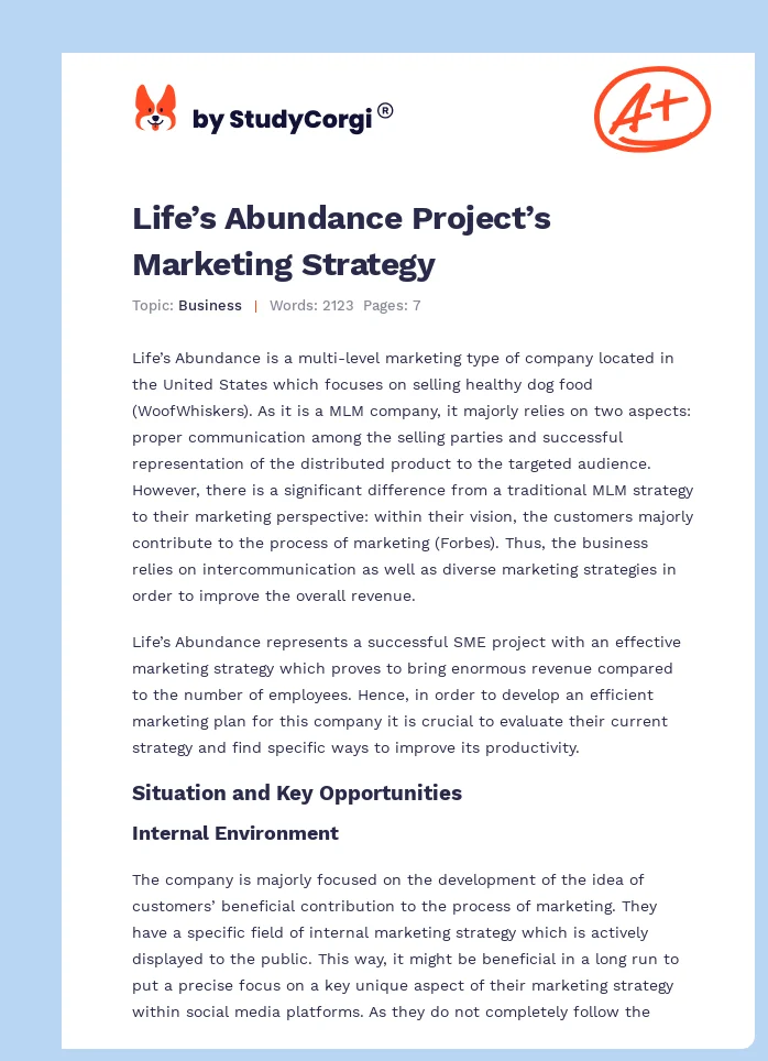 Life’s Abundance Project’s Marketing Strategy. Page 1
