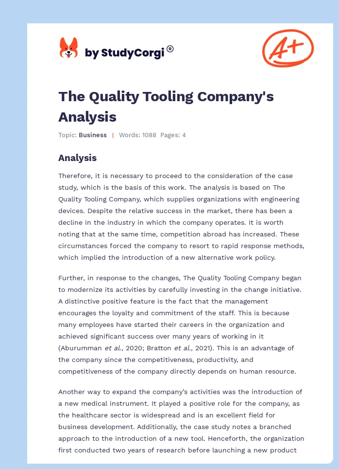 The Quality Tooling Company's Analysis. Page 1