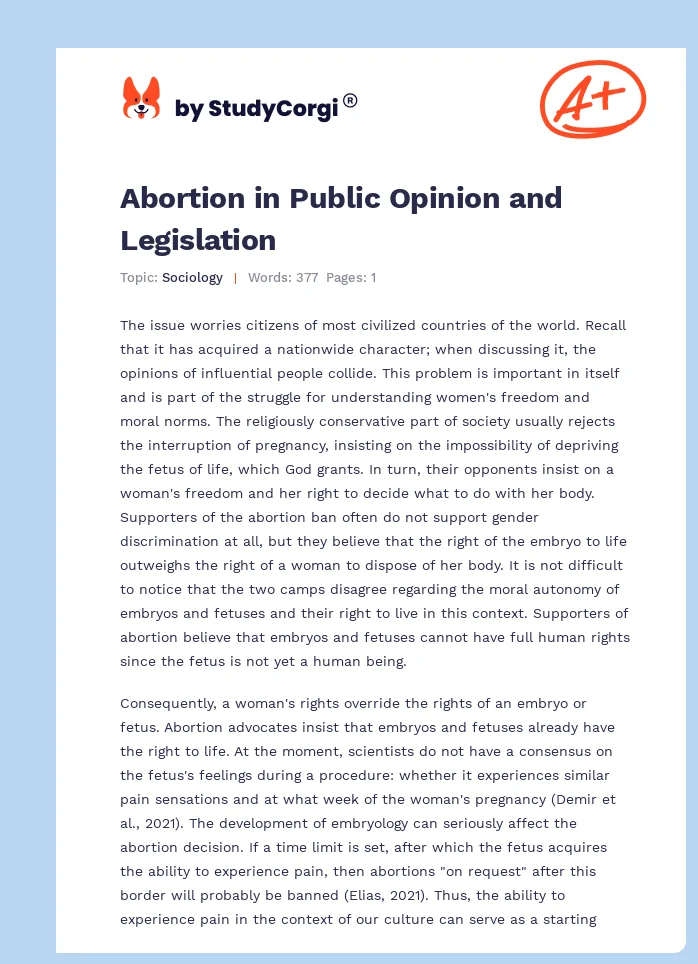 Abortion in Public Opinion and Legislation. Page 1