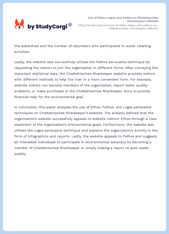 Use of Ethos, Logos, and Pathos on Chattahoochee Riverkeeper’s Website. Page 2