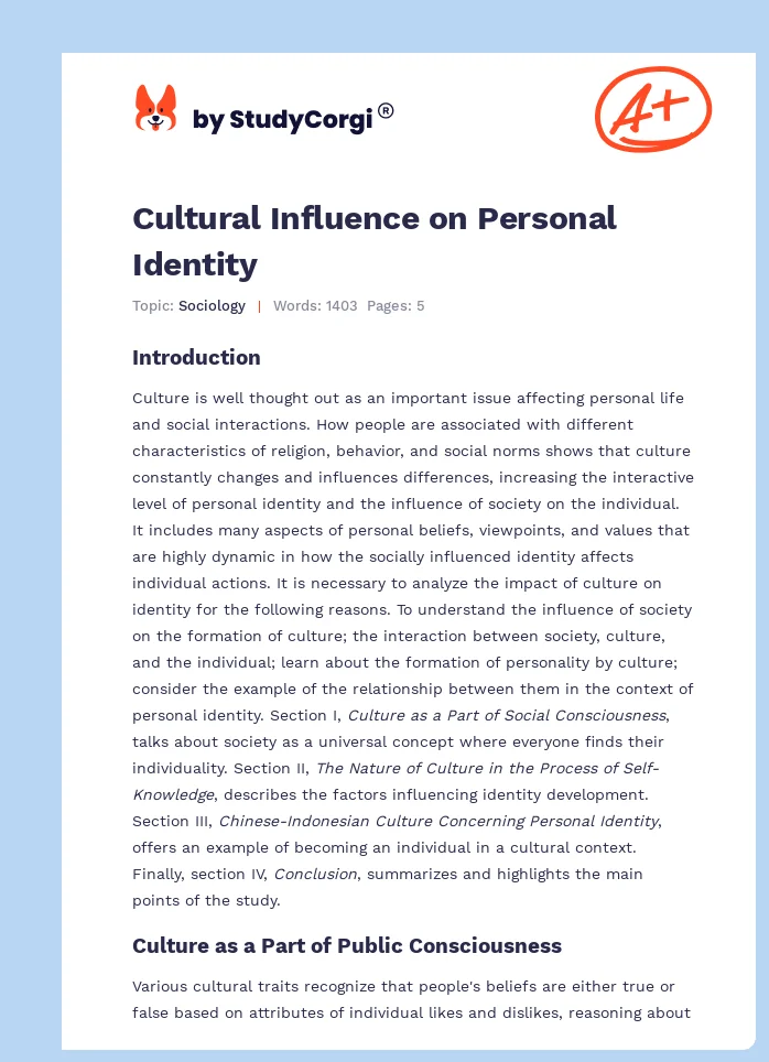 Cultural Influence on Personal Identity. Page 1