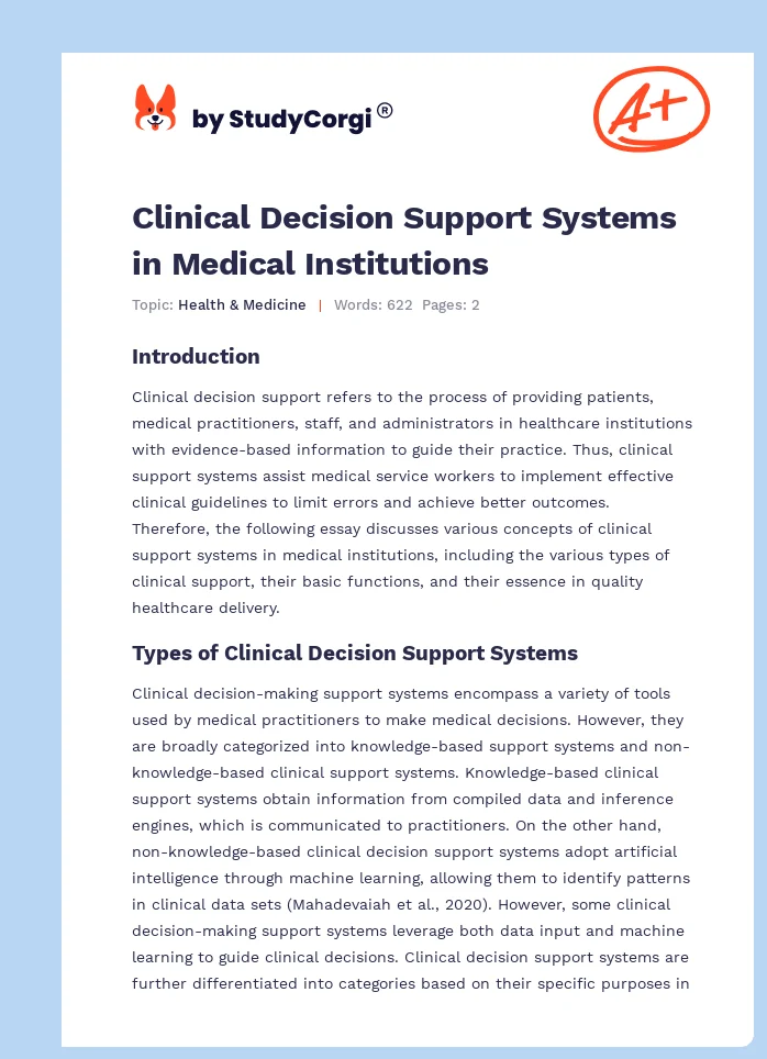 Clinical Decision Support Systems in Medical Institutions. Page 1