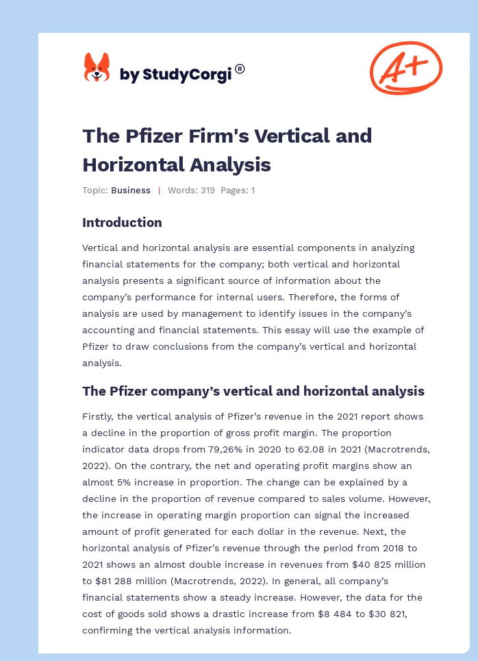 The Pfizer Firm's Vertical and Horizontal Analysis. Page 1
