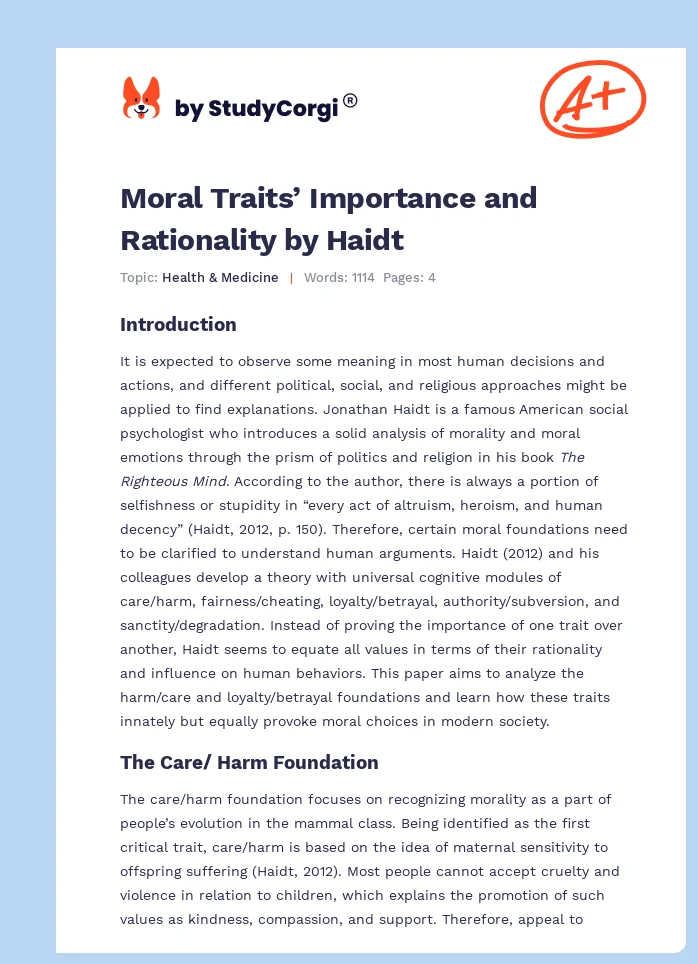 Moral Traits’ Importance and Rationality by Haidt. Page 1
