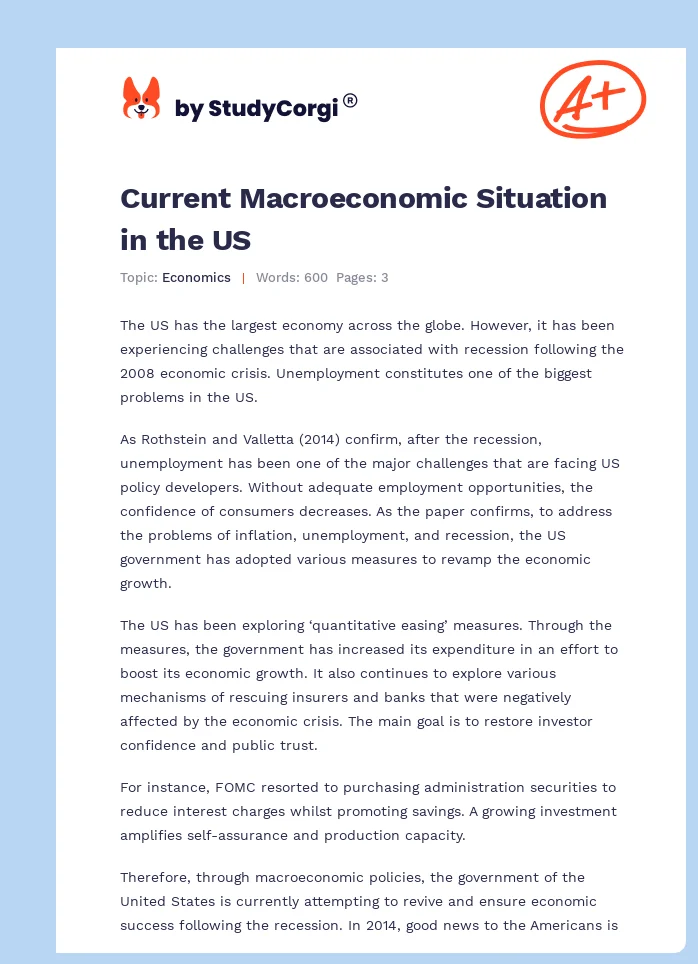 Current Macroeconomic Situation in the US. Page 1
