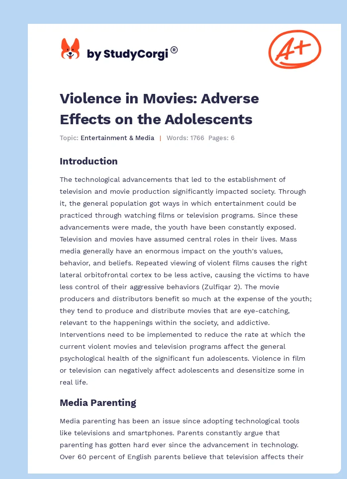 Violence in Movies: Adverse Effects on the Adolescents. Page 1