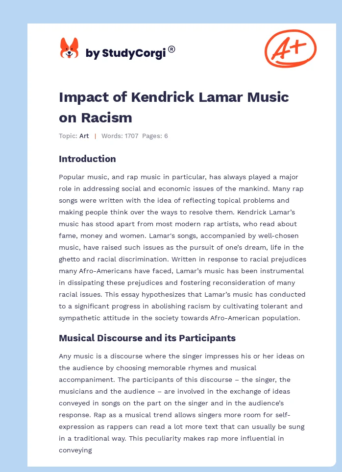 Impact of Kendrick Lamar Music on Racism. Page 1