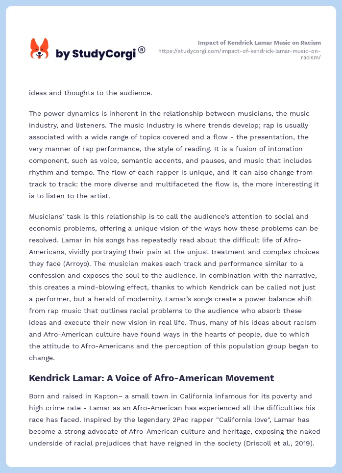 Impact of Kendrick Lamar Music on Racism. Page 2