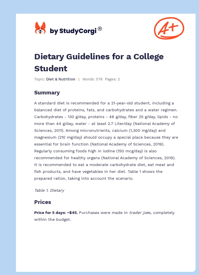 Dietary Guidelines for a College Student. Page 1